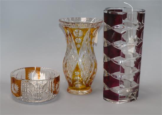 A French ruby overlay faceted glass vase, stamped France to base and two other items,